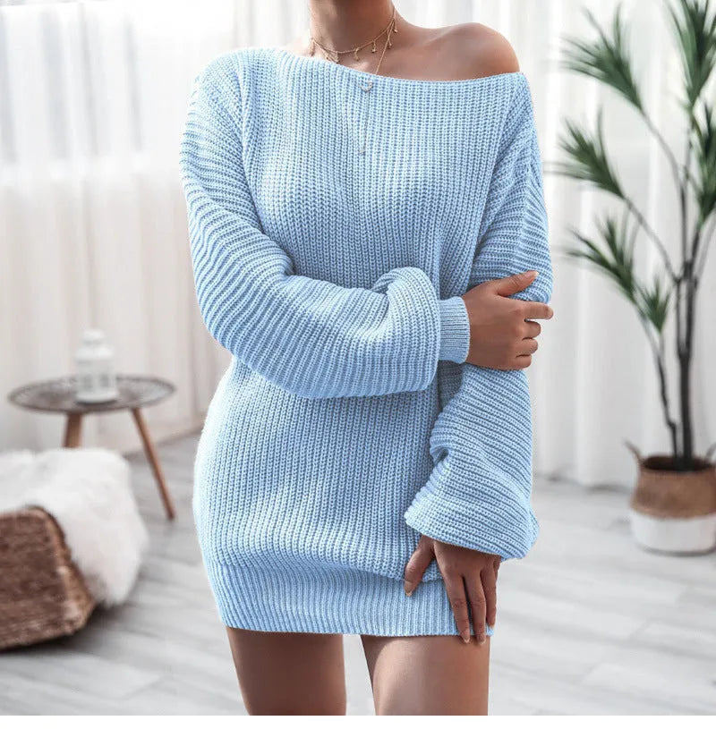 Women's knitted dress with lantern sleeves and off-shoulder neckline in solid colour