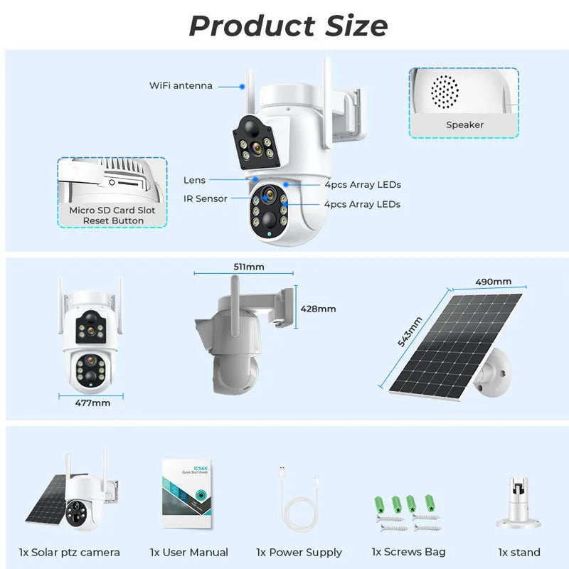 Outdoor solar-powered WiFi security camera with solar panel in white or black/white casing.