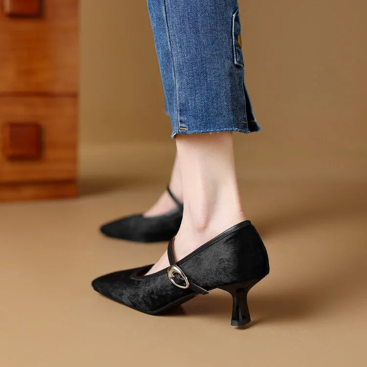 Women's black retro high heels with horse hair upper, square toe, stiletto heel, and an ankle strap buckle.