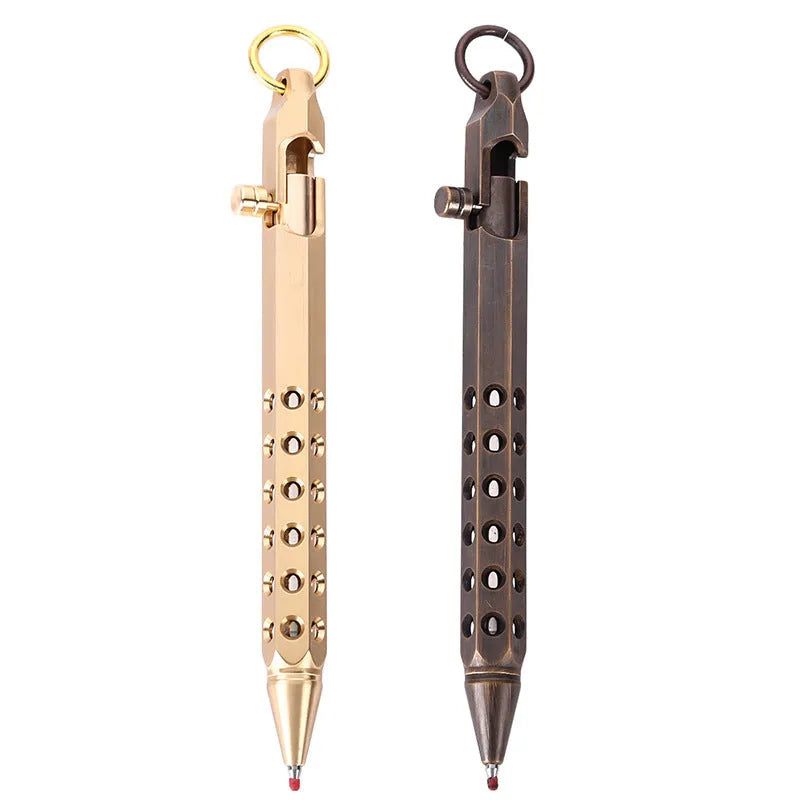 Retro brass hexagonal bolt pen with six-angle barrel design showing 13cm length and brass construction