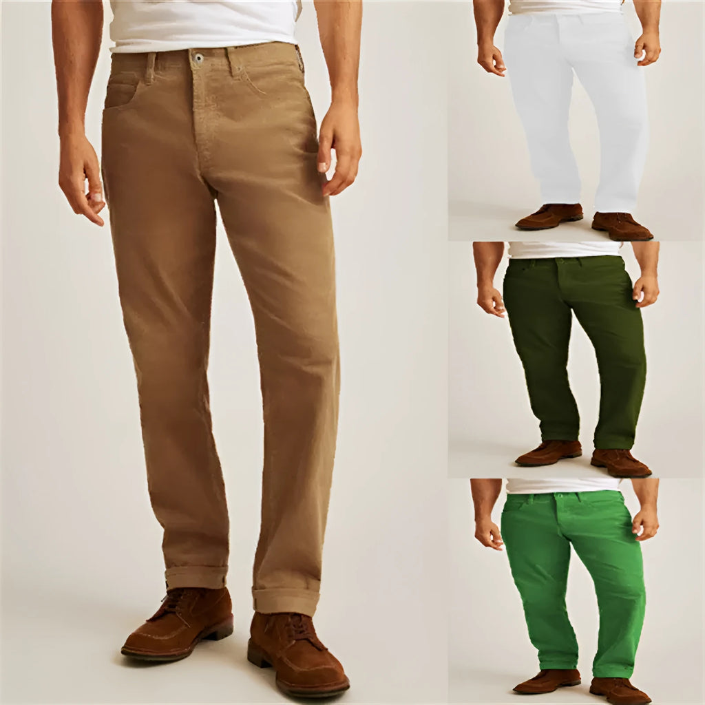 Men's corduroy straight leg trousers in army green showing mid waist and zip fly detail