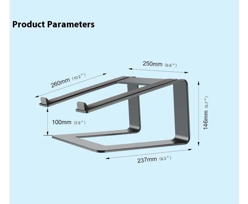 Black aluminium alloy laptop stand on a desk, elevating a silver laptop.
