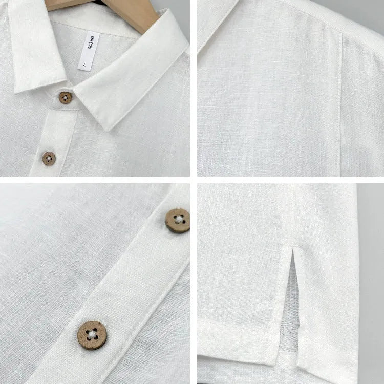 Men's light linen short sleeve shirt with thin lapels in a loose fit for summer.