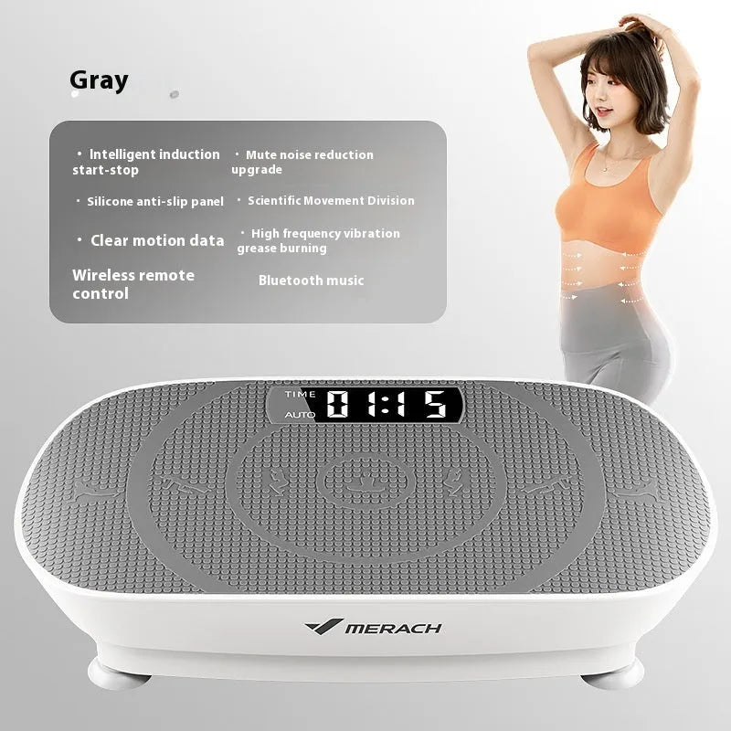 Grey portable smart power plate vibrating exercise machine with Bluetooth and US plug socket.