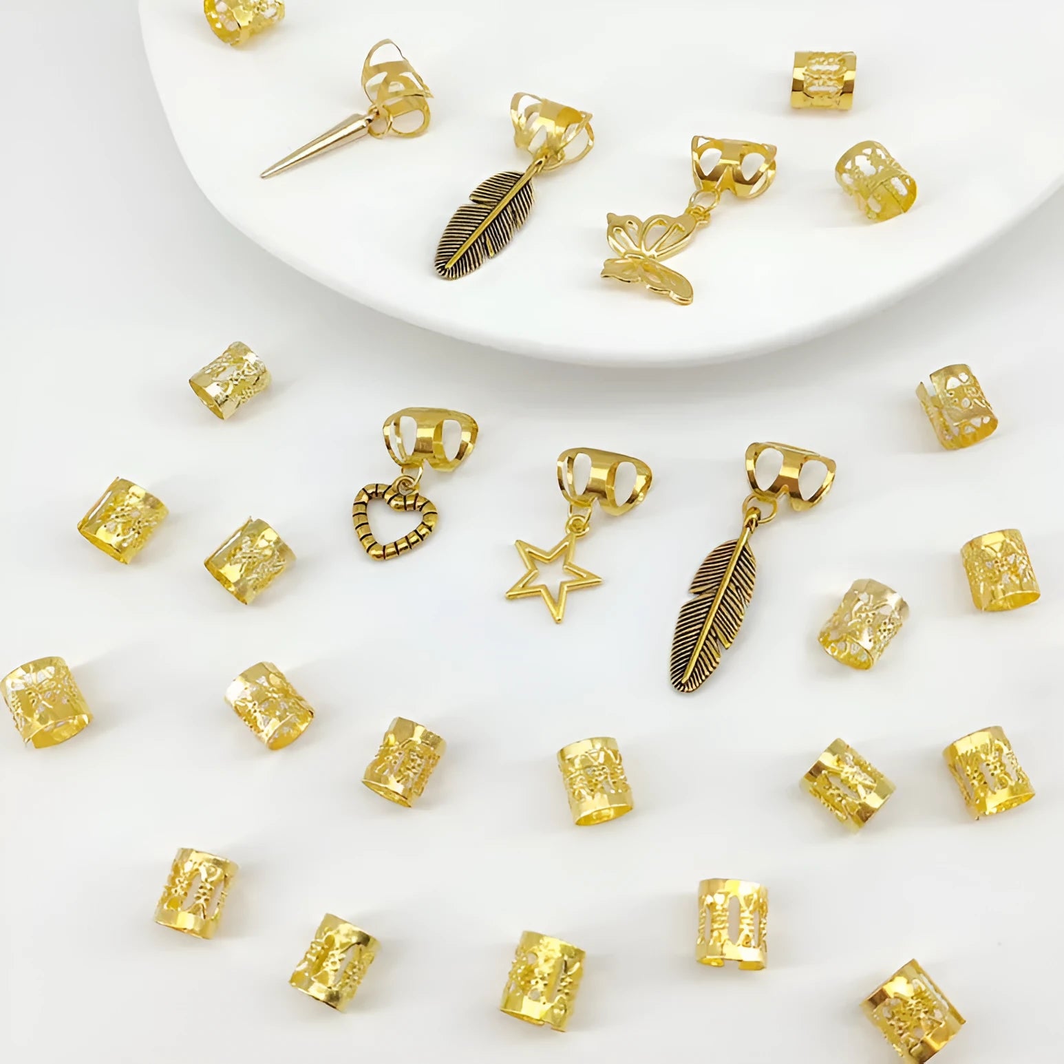 Antique dirty braid style hair rings in electroplated gold or silver alloy, 26 piece pack