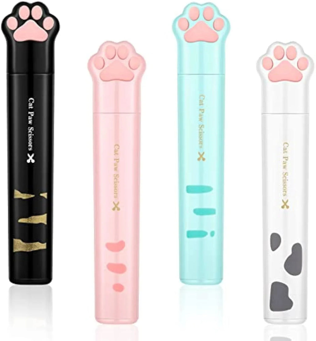 Mini folding craft scissors with cat paw handles in four colours: black, blue, pink, and white.