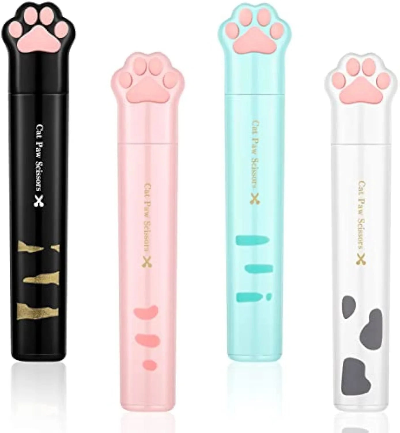 Mini folding craft scissors with cat paw handles in four colours: black, blue, pink, and white.