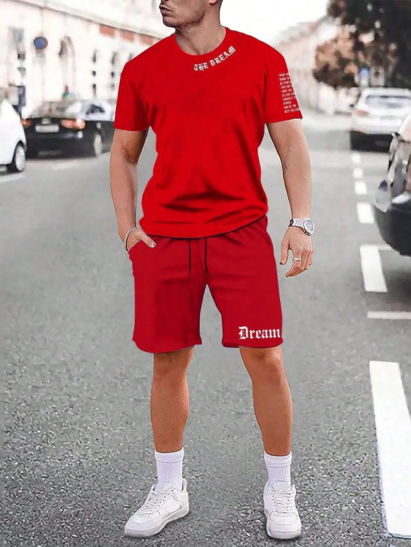 Lightweight quick-dry short-sleeved top and matching shorts sports set on a neutral background.