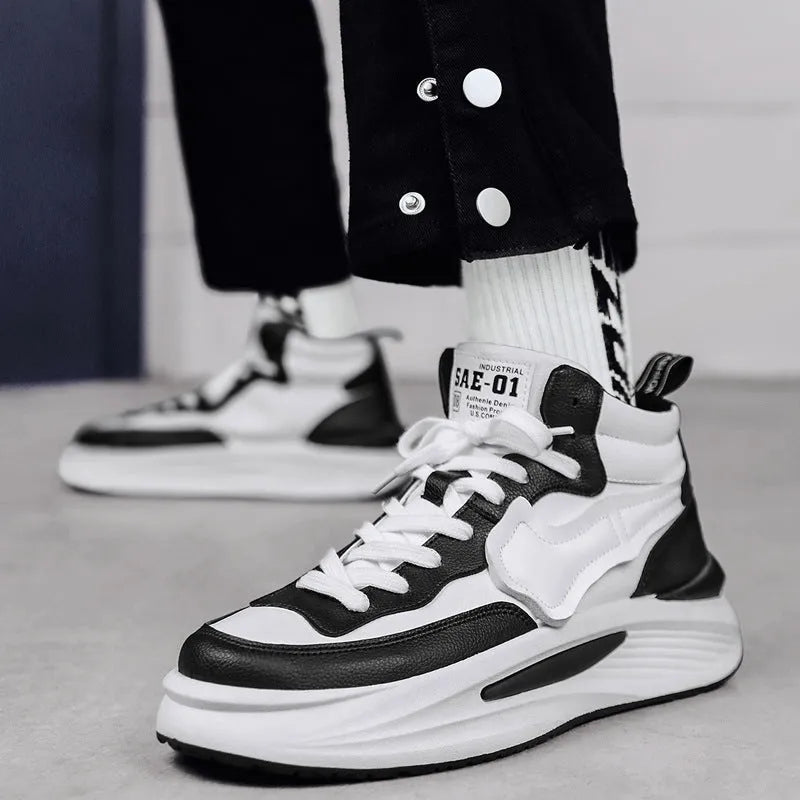 Men's black high-top platform shoes with round toe and PU upper material