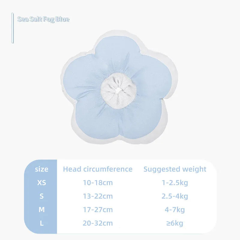Soft cotton cat recovery collar with a solar flower design in various colours, shown adjusted around a cat's neck.