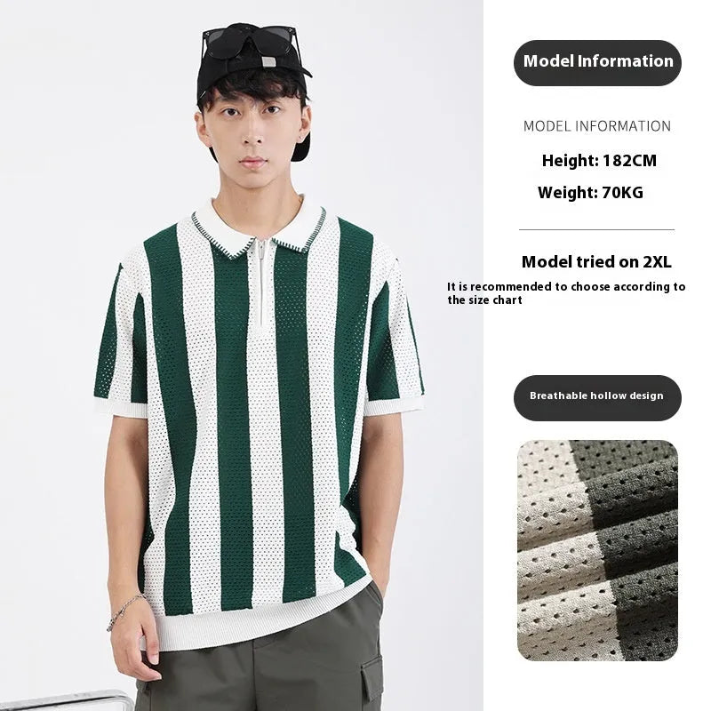 Men's short sleeve striped summer sweater in ice silk viscose fabric with zipper decoration