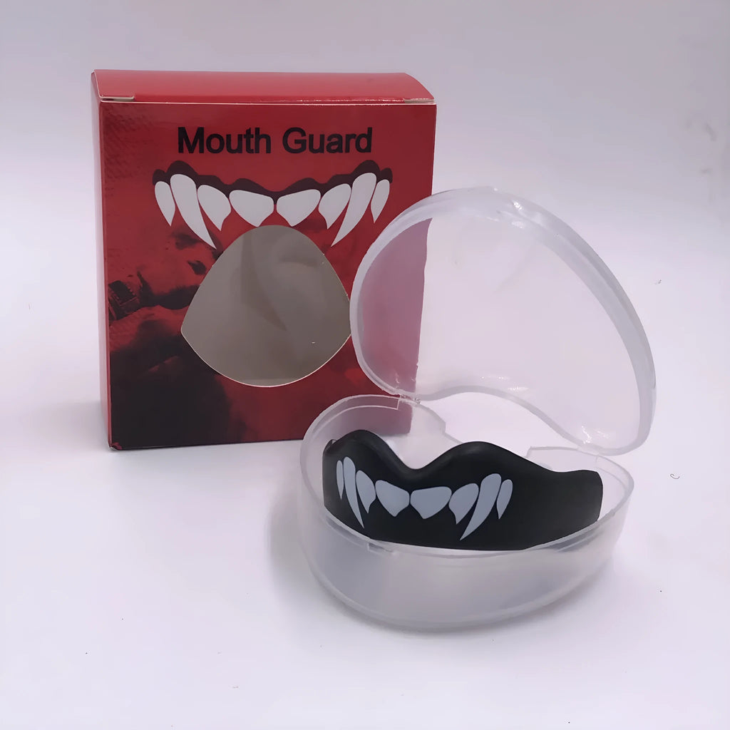 Adult boxing mouthguard with tooth socket design in black and white printed teeth pattern
