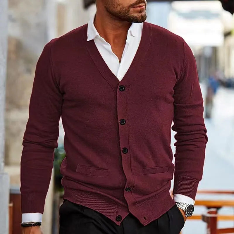 Men's slim fit acrylic cardigan in wine red colour, shown as an autumn sweater coat.