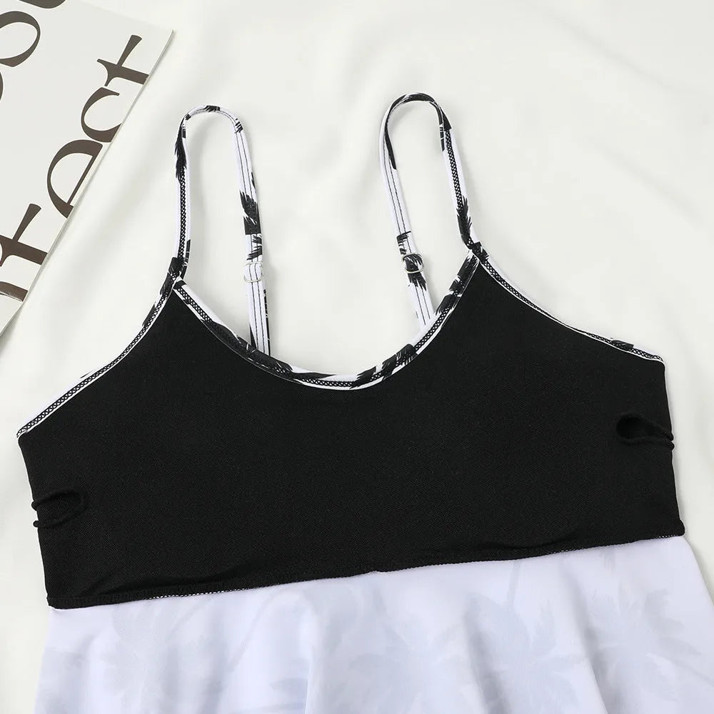 Women's high waist double-layer polyester swimsuit in black or coconut tree print.