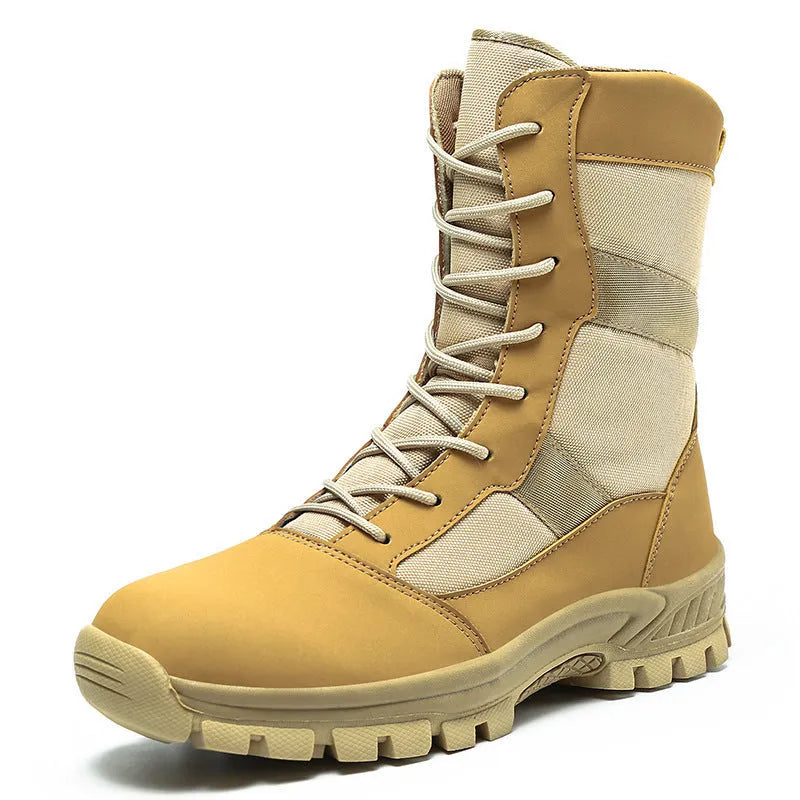 Men's black and camouflage high-top combat boots with mesh upper and totem detailing