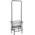 White iron pulley storage car with a single rod for hanging clothes hangers on a track.