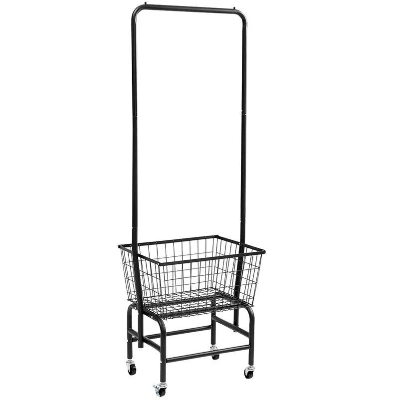 White iron pulley storage car with a single rod for hanging clothes hangers on a track.