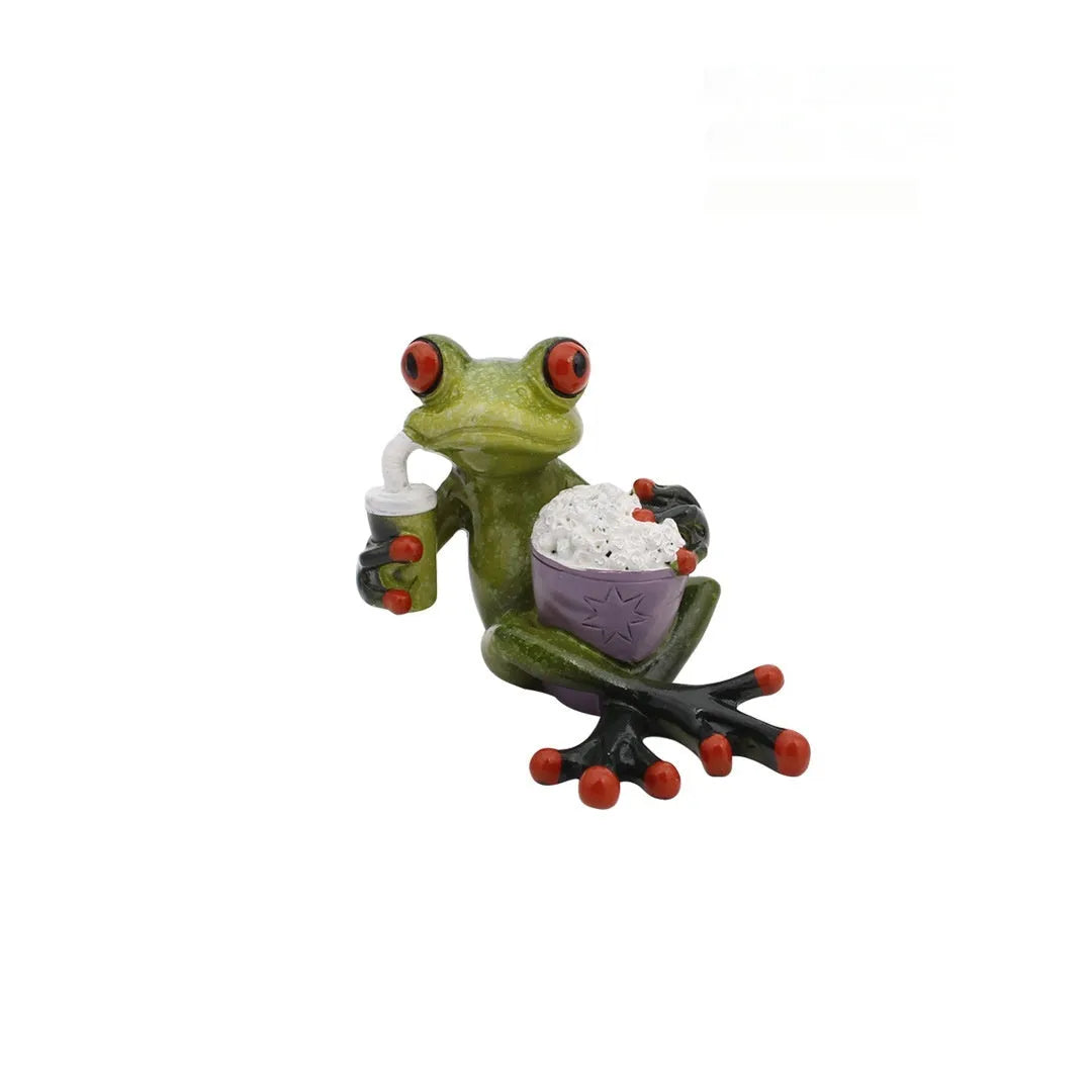 Pastoral style synthetic resin frog figurine home decoration on a wooden surface.