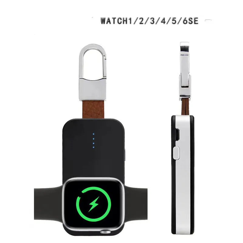 Black Apple Watch keychain wireless power bank with 1000mAh battery next to an Apple Watch.