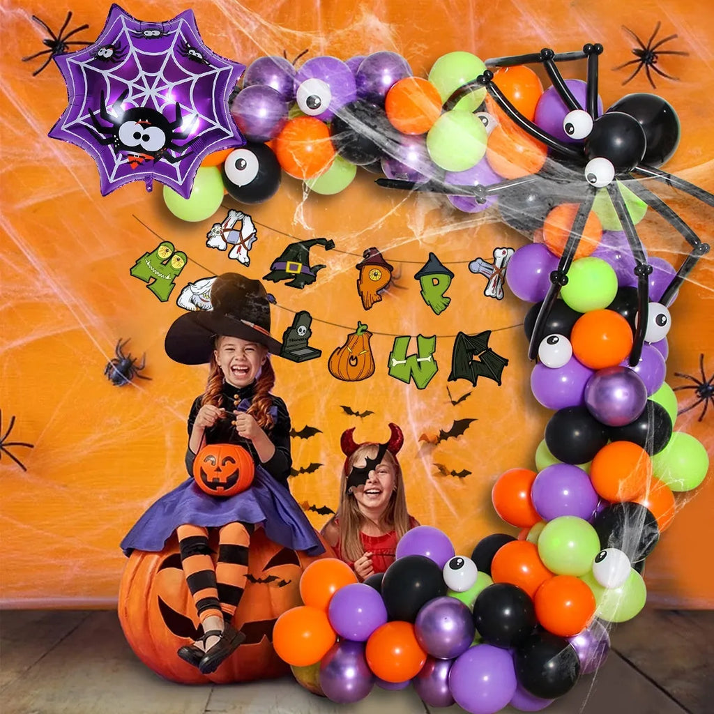 Halloween spider balloon arch decoration set with black and white latex skull and pumpkin balloons.