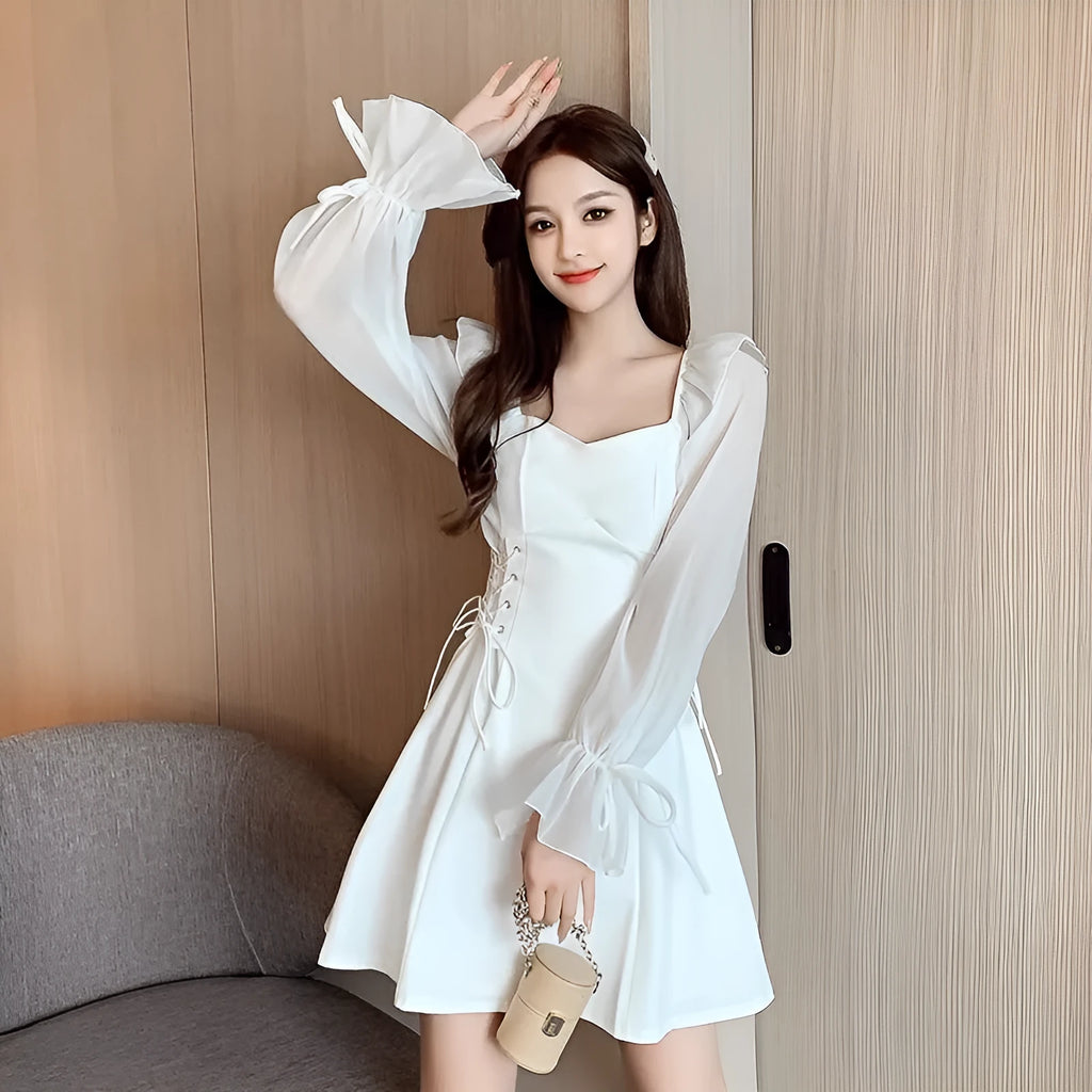 White chiffon patchwork women's dress with long sleeves and waist-slimming design