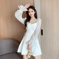 White chiffon patchwork women's dress with long sleeves and waist-slimming design
