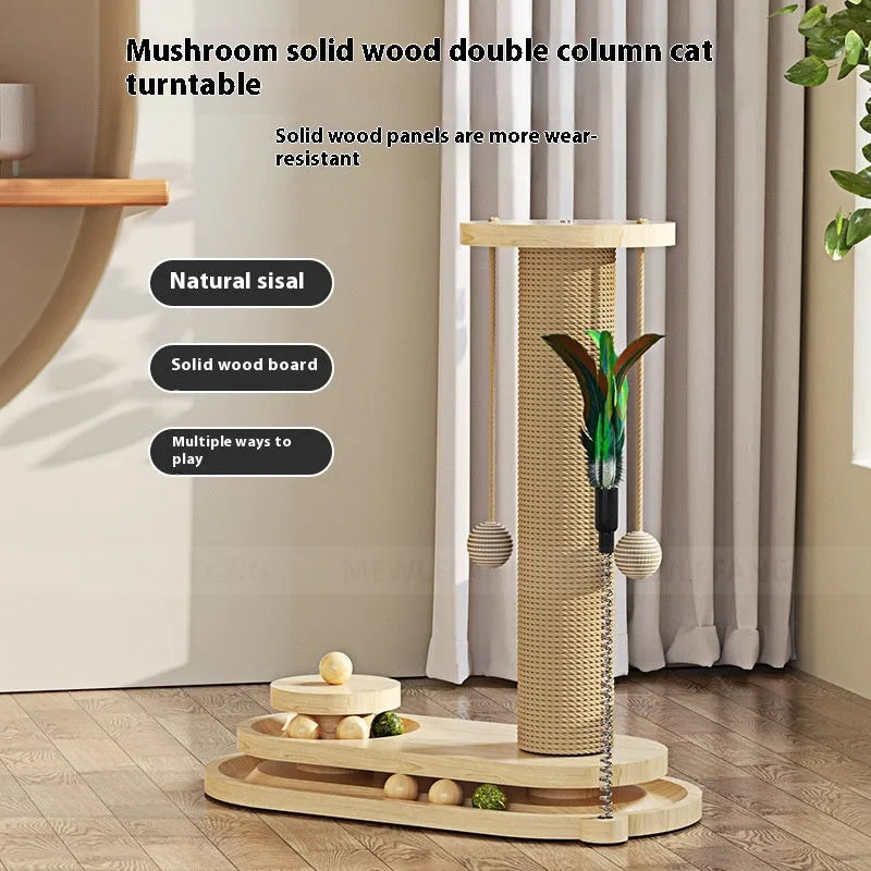 Solid wood cat scratching post with a central turntable, shown in a basic large flower style.