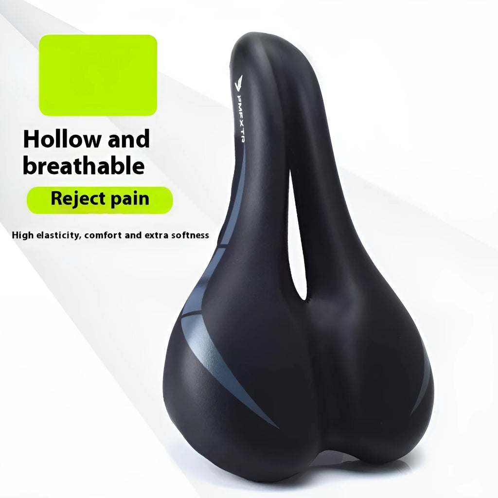 Black PU leather bicycle seat cushion with a hollow centre design on a bike saddle.