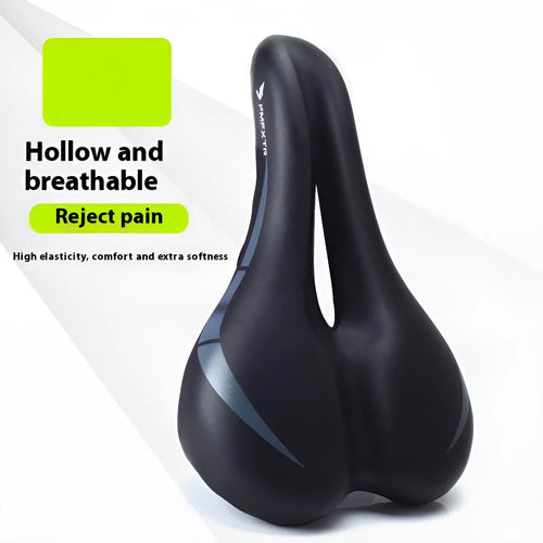 Black PU leather bicycle seat cushion with a hollow centre design on a bike saddle.
