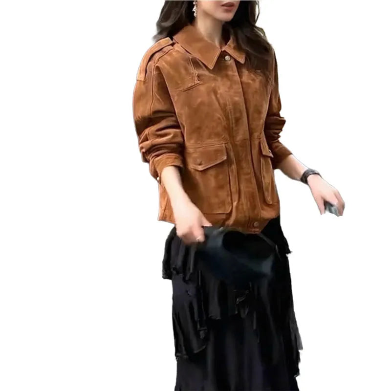 Women's bright brown polyester suede coat with regular sleeves on hanger