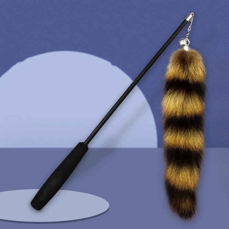 Black cat toy wand with elastic string, measuring 42cm long.