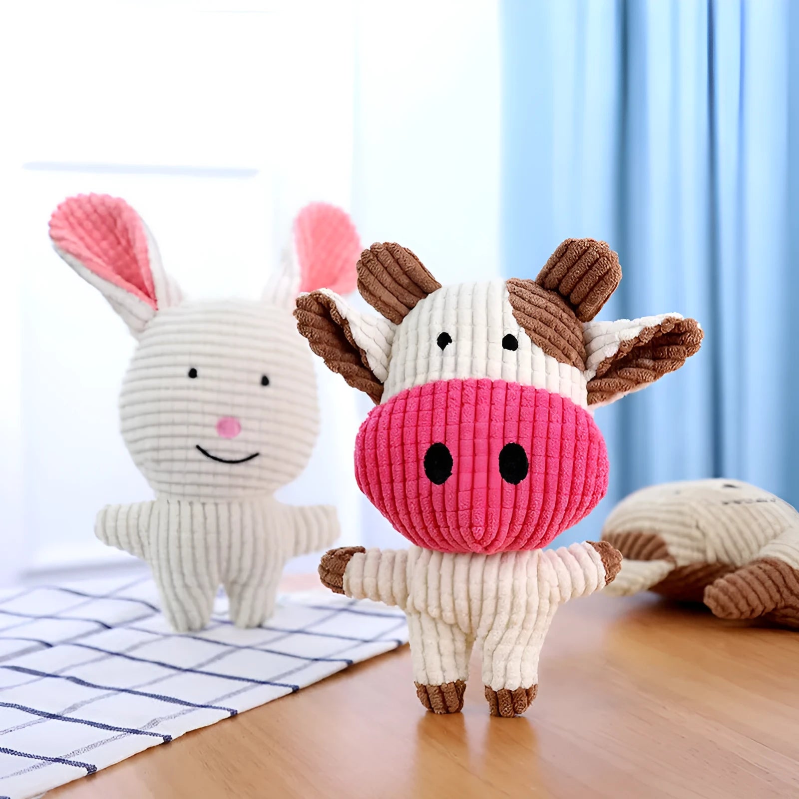 Animal shape plush dog chew toy with squeaker in bright colours