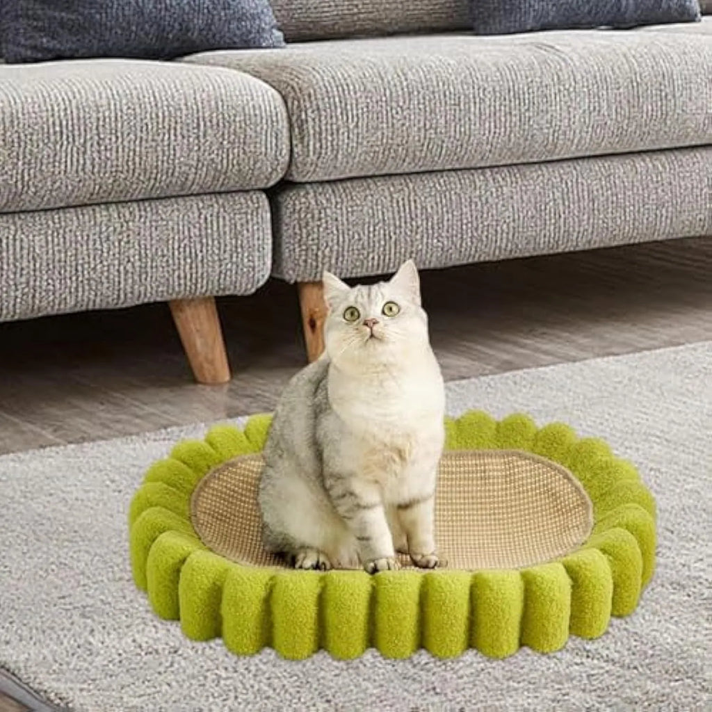 Green oval cat scratcher bowl bed with sisal scratching surface measuring 65cm