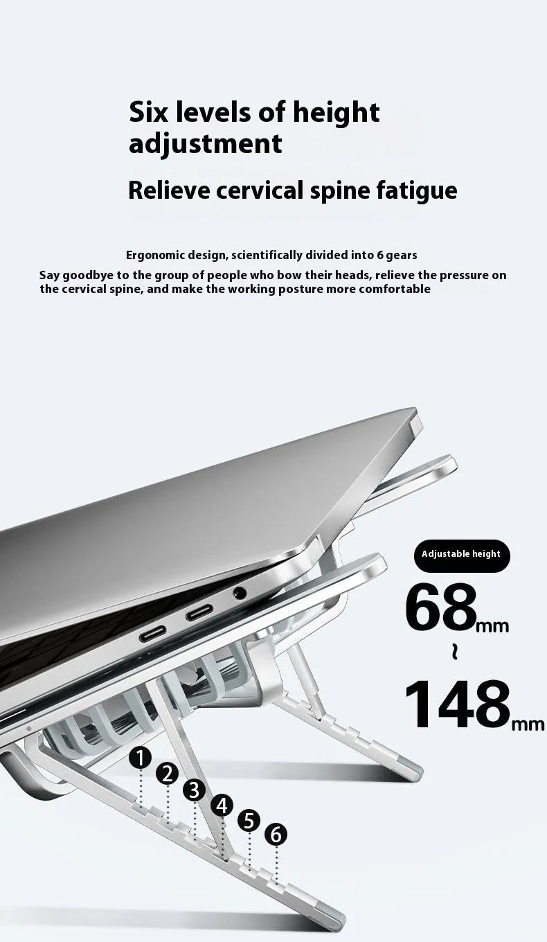 Silver aluminium folding laptop stand with twin cooling fans and adjustable height mechanism