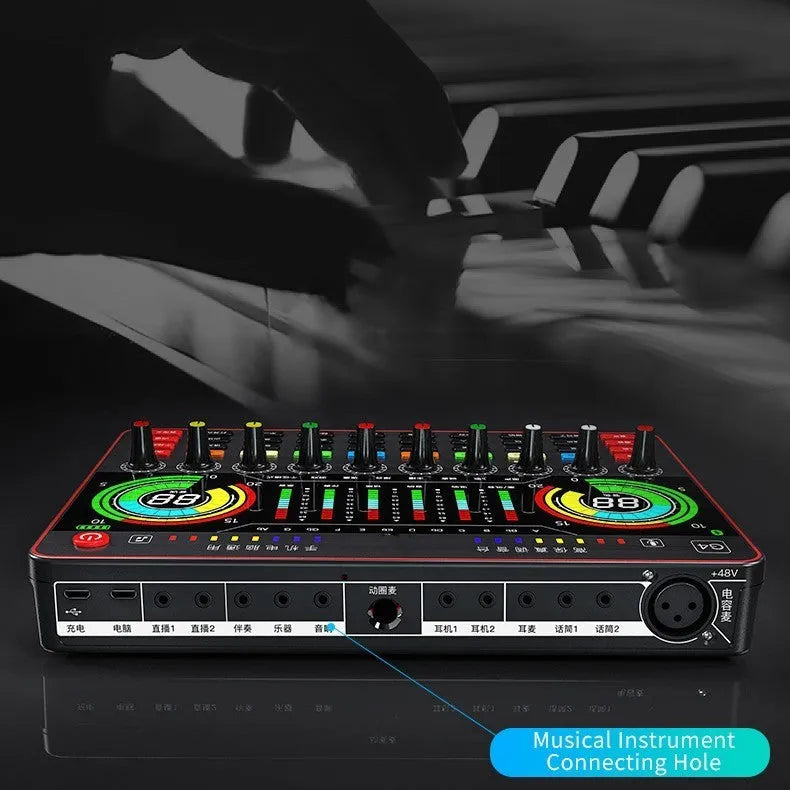 G4 professional live sound card mixer set with microphone, remote control, and audio cables on a table