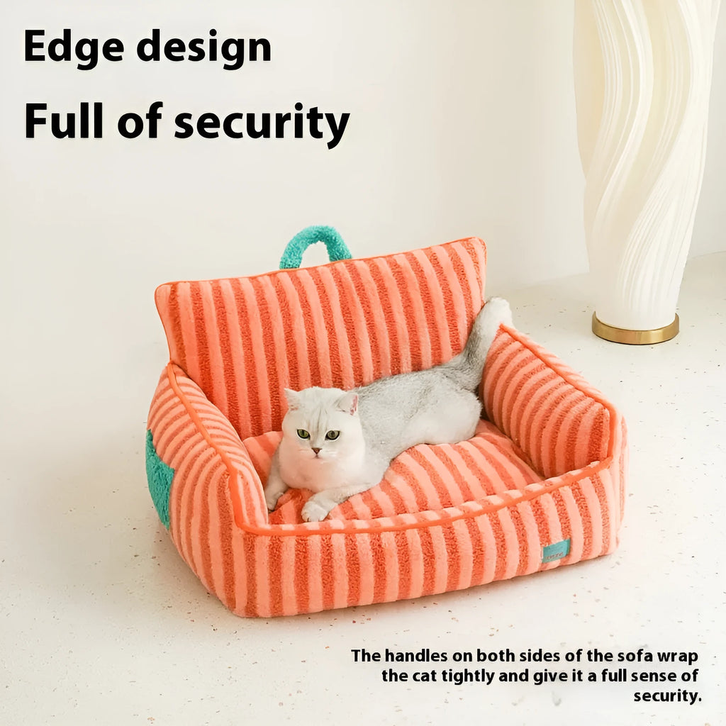 Striped soft velvet pet bed with removable cover in yellow, orange or purple colour options