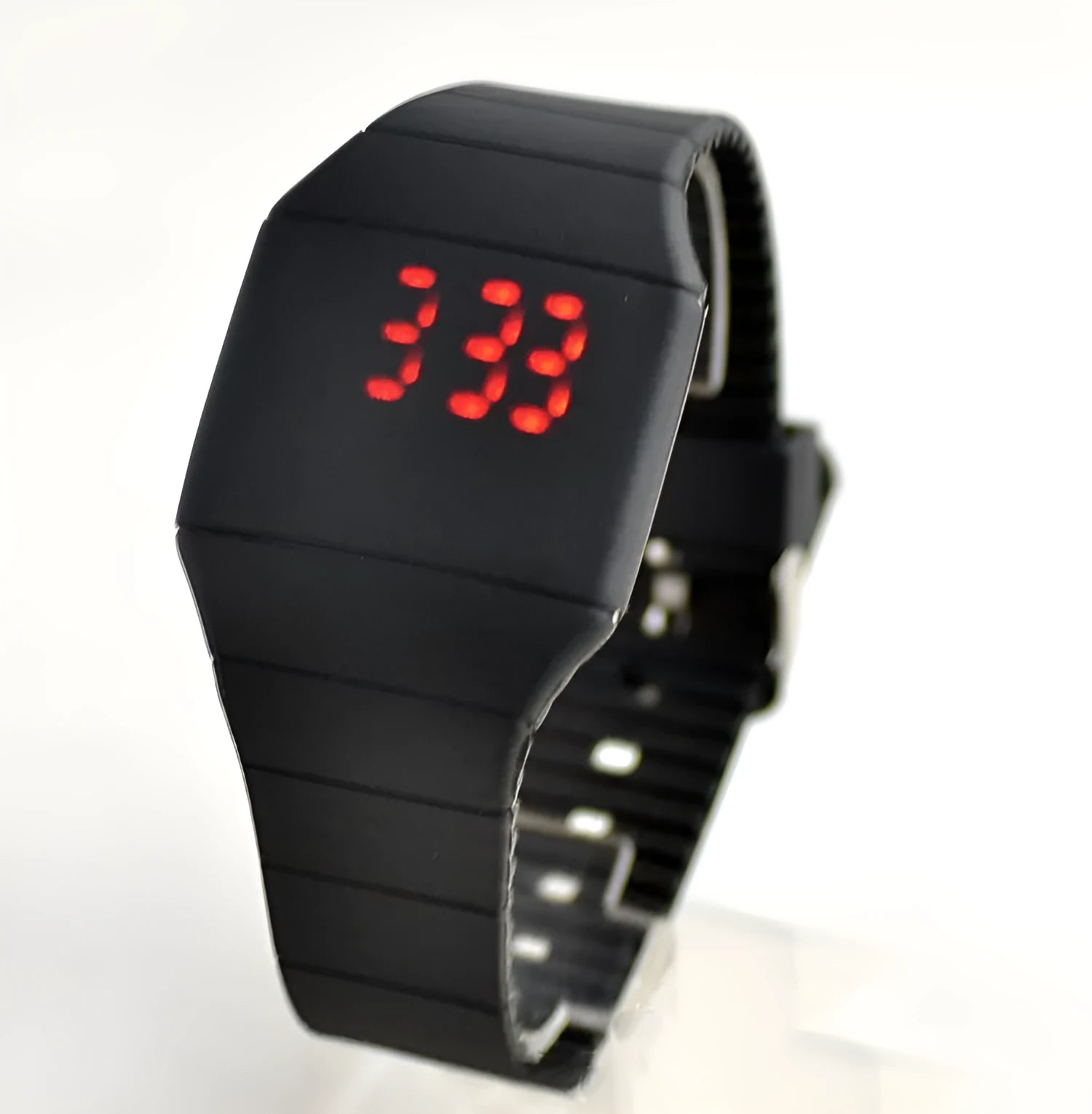Square digital touch screen watch in multiple colours with stainless steel buckle on PU strap
