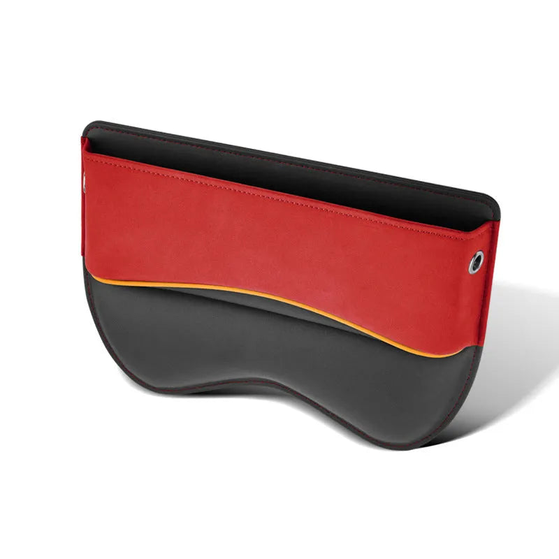 Leather car seat storage organiser box in a choice of five colours, shown on a vehicle seat.