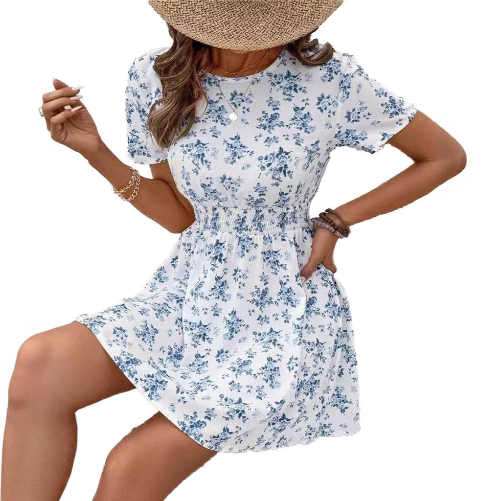 Light blue high-waist A-line dress with regular sleeves and mid-length skirt