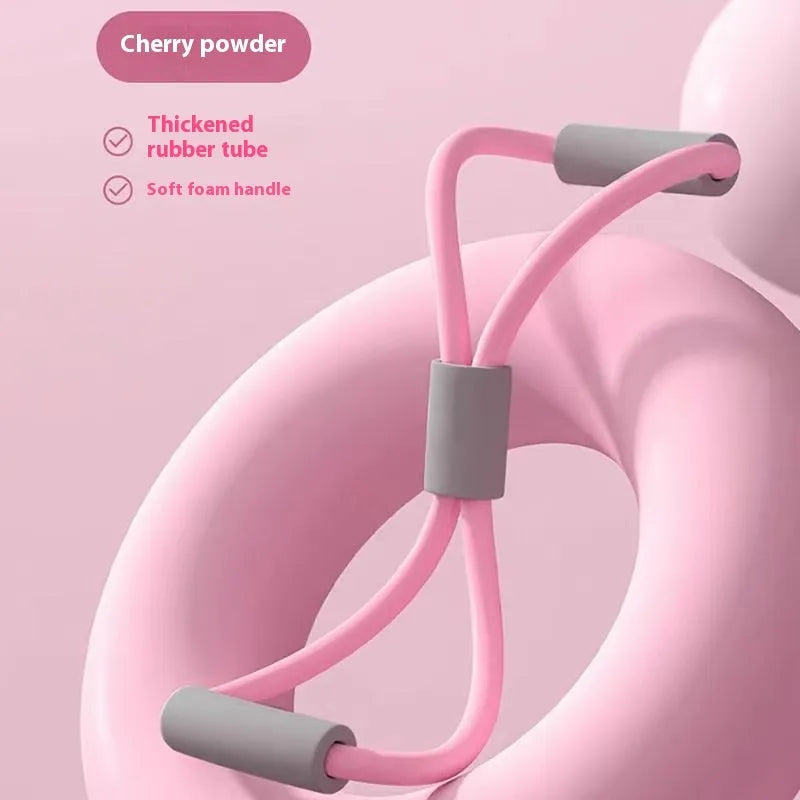 Yoga four-piece fitness set showing leg stretching device, yoga ring, pedal expander and figure eight tension rope