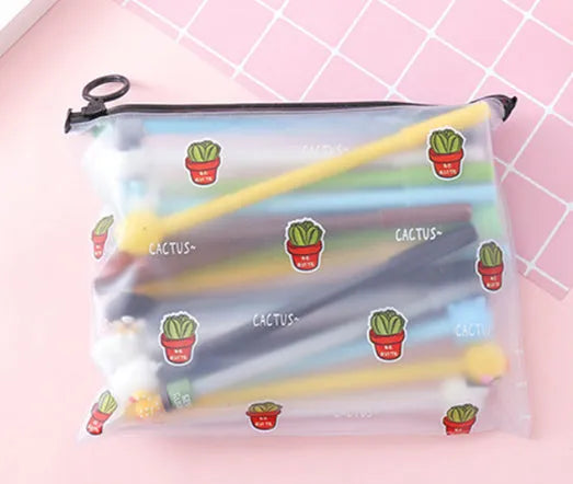 Set of twenty black 0.5mm gel pens with cartoon cactus designs in a plastic storage case measuring 21x17 cm