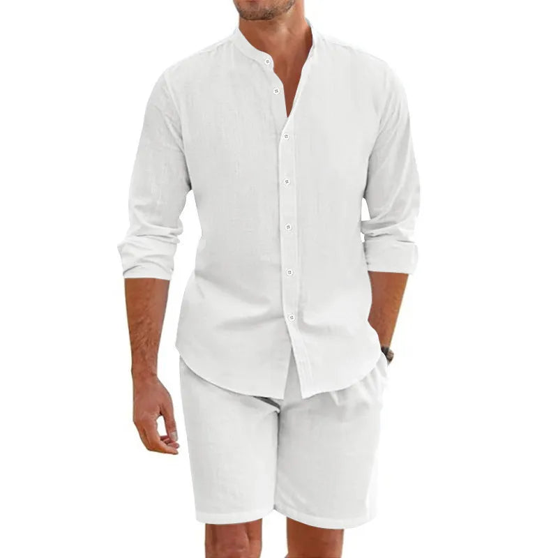 Men's linen blend summer set with lapel shirt and drawstring shorts in multiple colour options
