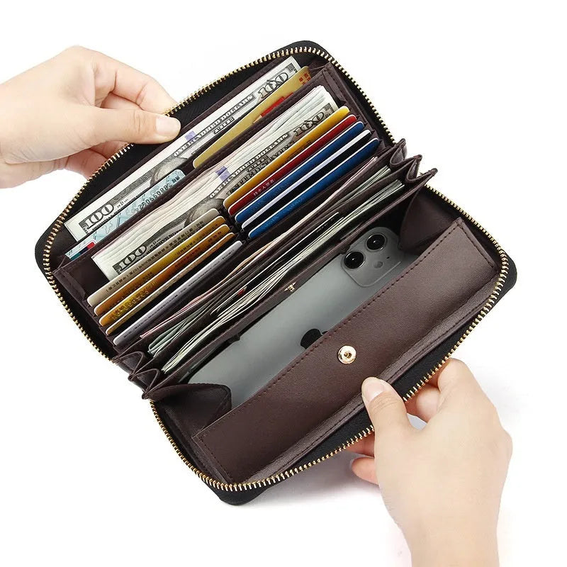 Genuine leather women's wallet showing interior organisation and anti-theft card protection features
