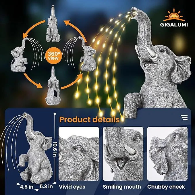 Resin elephant garden sculpture with LED lights for outdoor decoration.