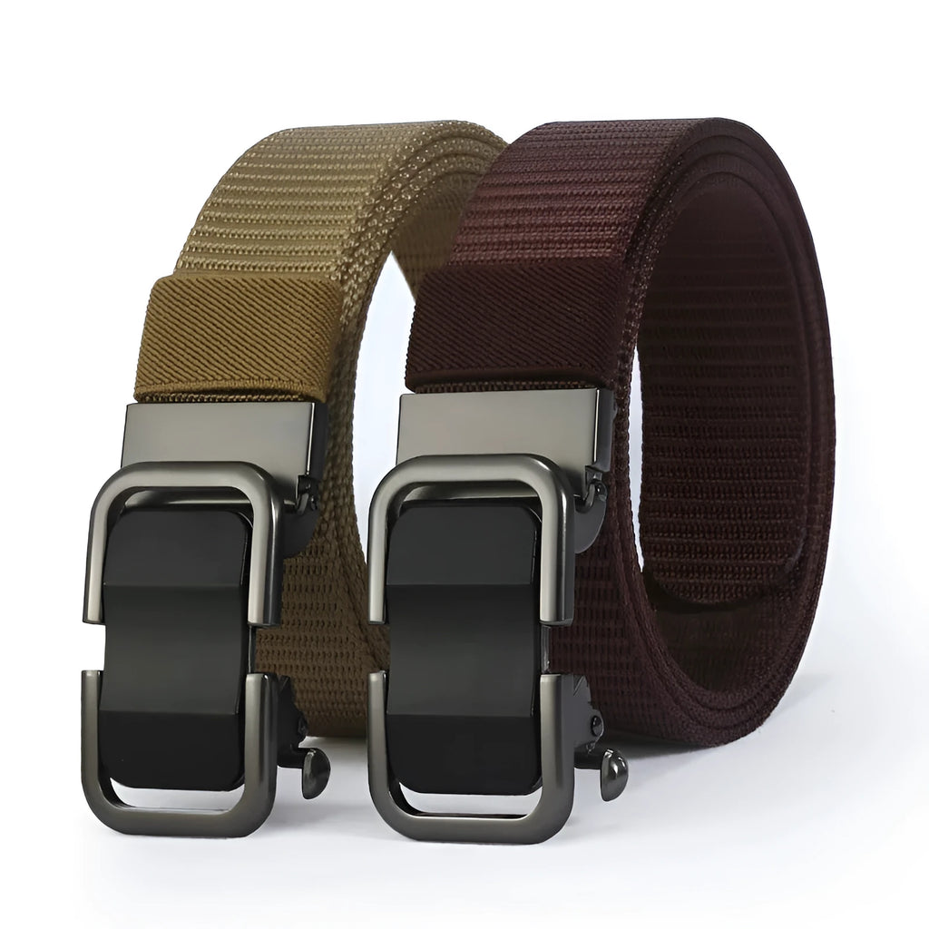 Men's nylon canvas belt with an alloy buckle shown in army green colour.