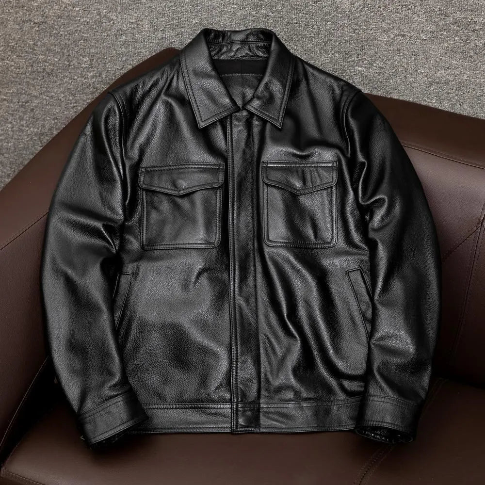 Men's black lapel PU leather jacket with side pockets and loose fit design for plus size wearers