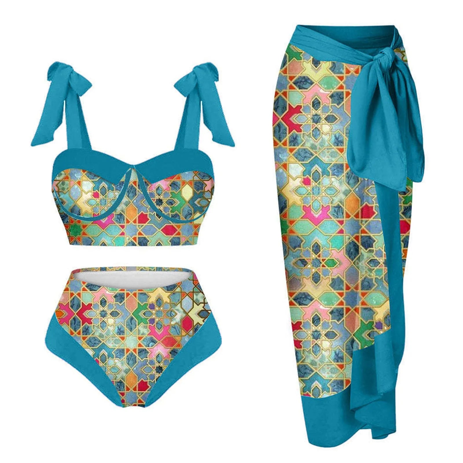 Women's printing split swimsuit three-piece set in a blue flower pattern, showing skirt, bra, and panties.