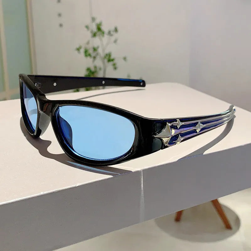 Special-shaped polycarbonate sunglasses with category 3 lenses shown in a black frame and blue lens colour option.