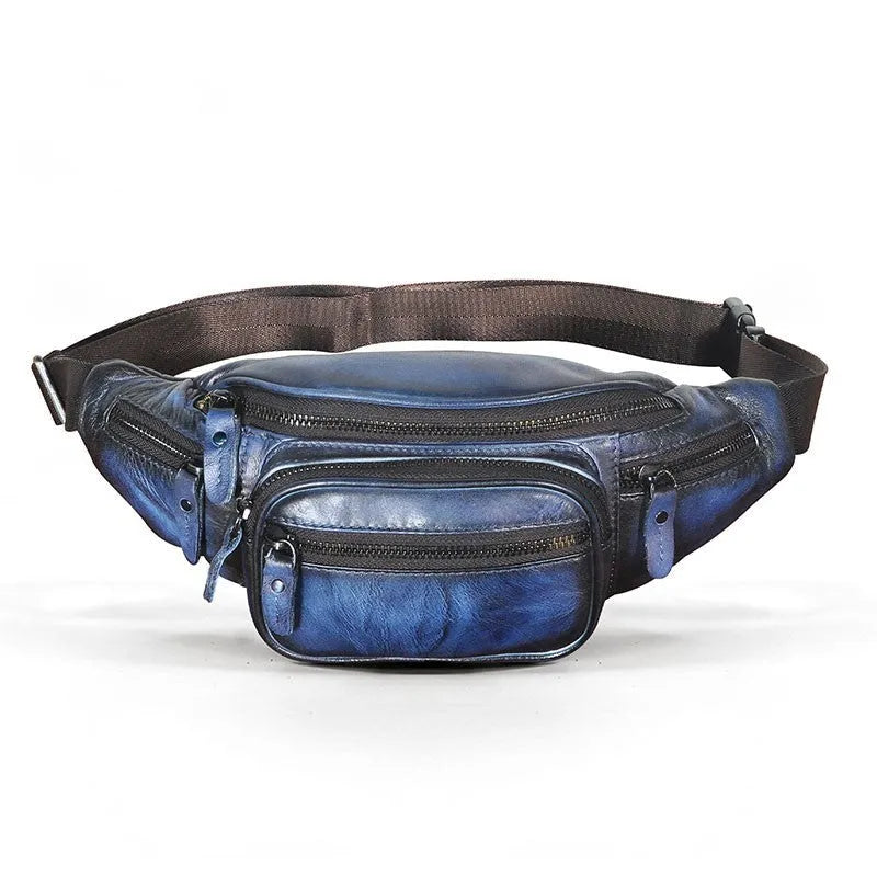 Dark crazy horse cowhide leather messenger bag showing front flap and adjustable shoulder strap.