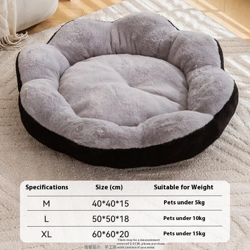 A thick round rabbit plush cat bed with a removable washable cover, shown in a brown grey colour.